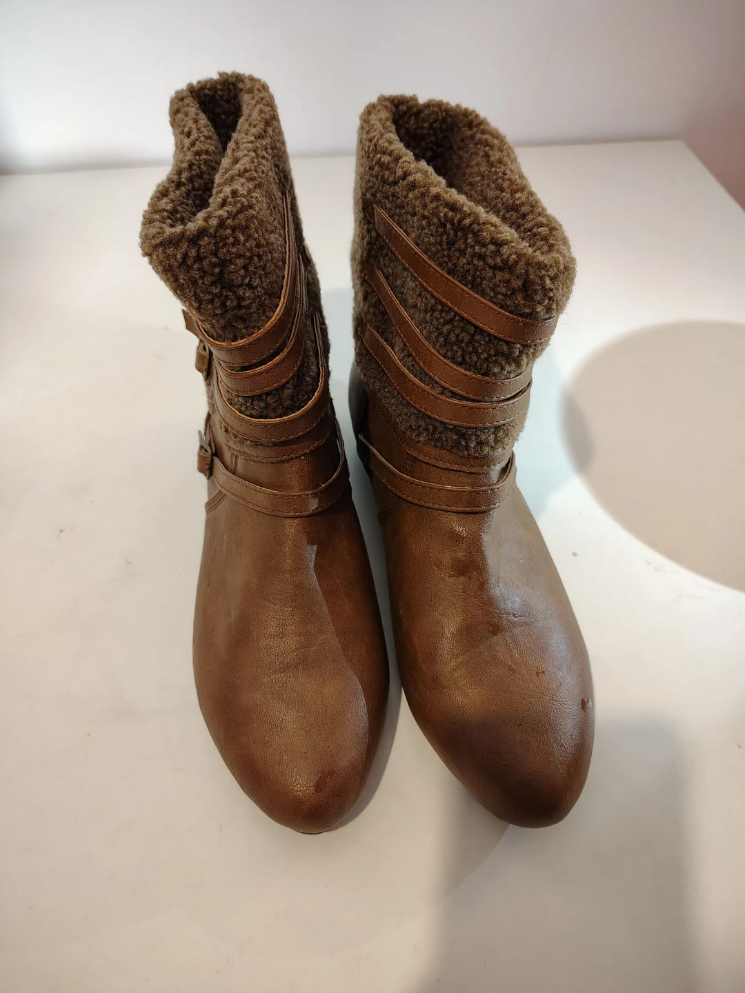 Brown Faux Fur Lined Ankle Boots with Buckle Detail