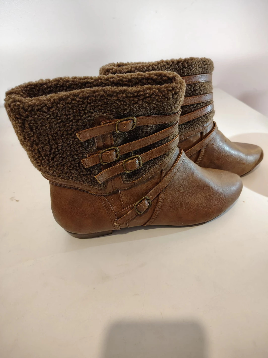 Brown Faux Fur Lined Ankle Boots with Buckle Detail - photo 2