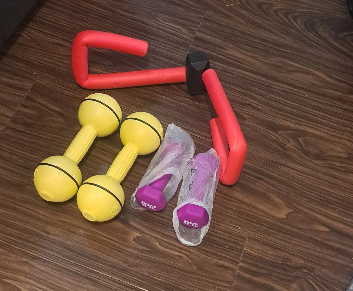 Two 3lb Dumbbells and Red Exercise Bar