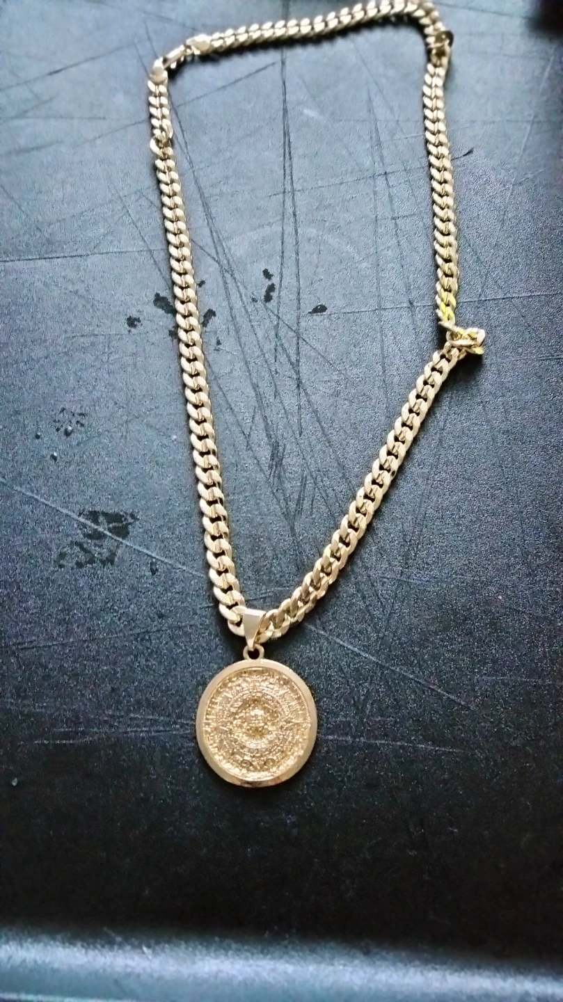 Gold Tone Aztec Calendar Pendant Necklace