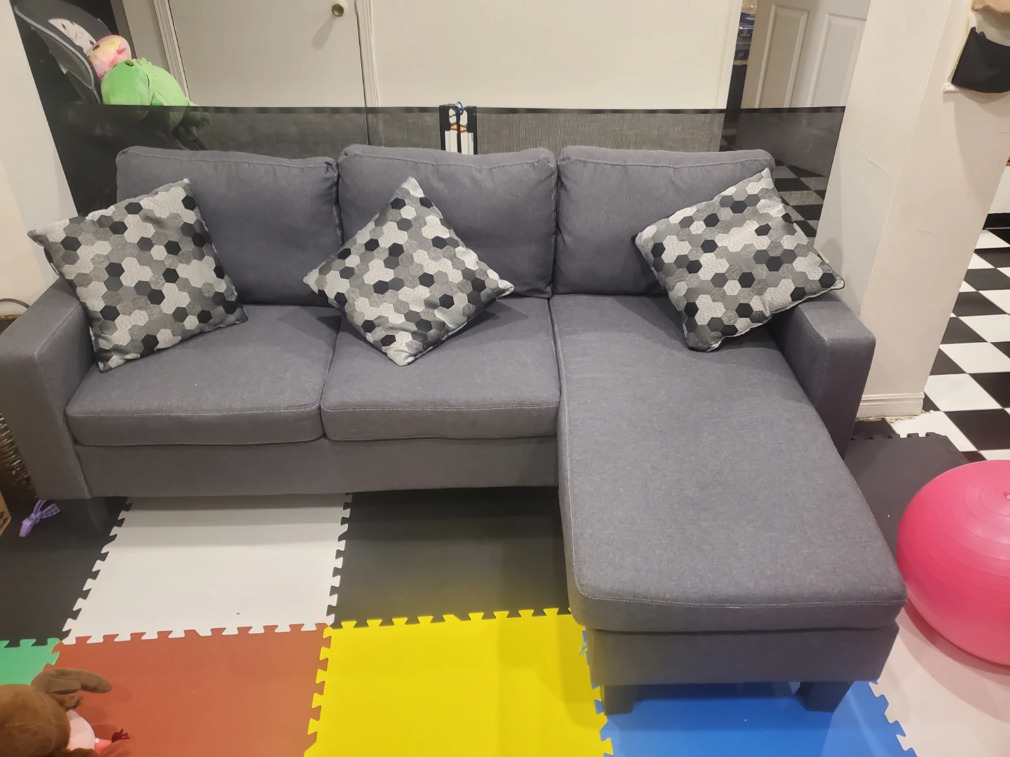 Grey Sectional Sofa with 3 Pillows - photo 3