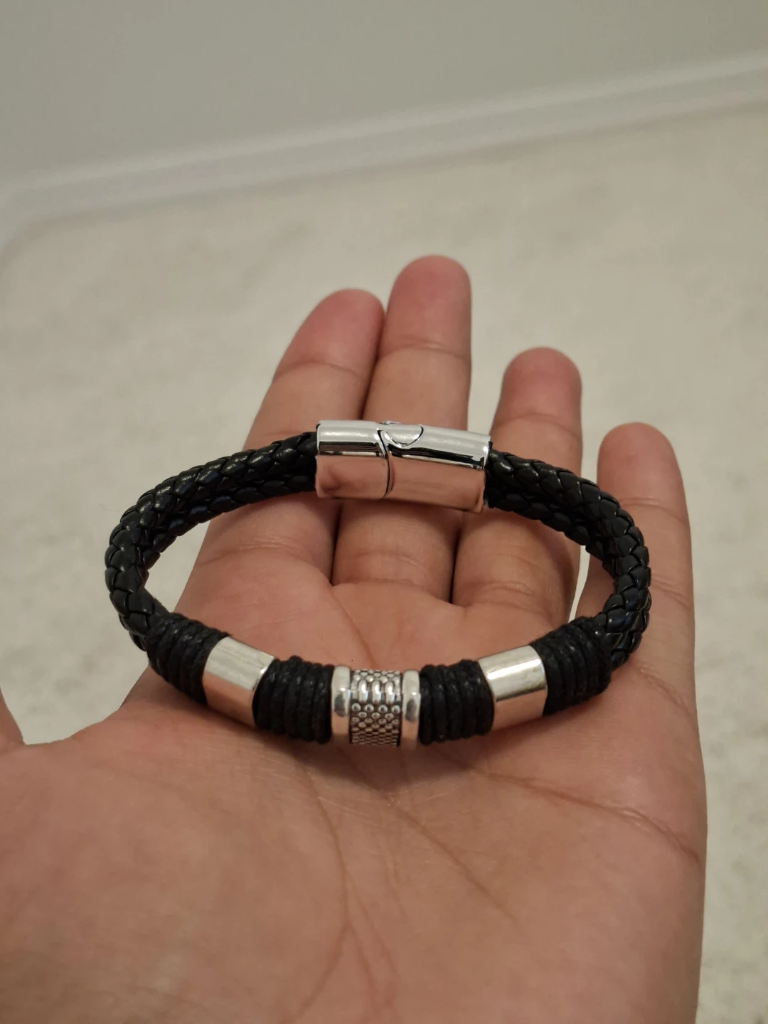 Men's Black Braided Leather Bracelet with Silver Accents - photo 2