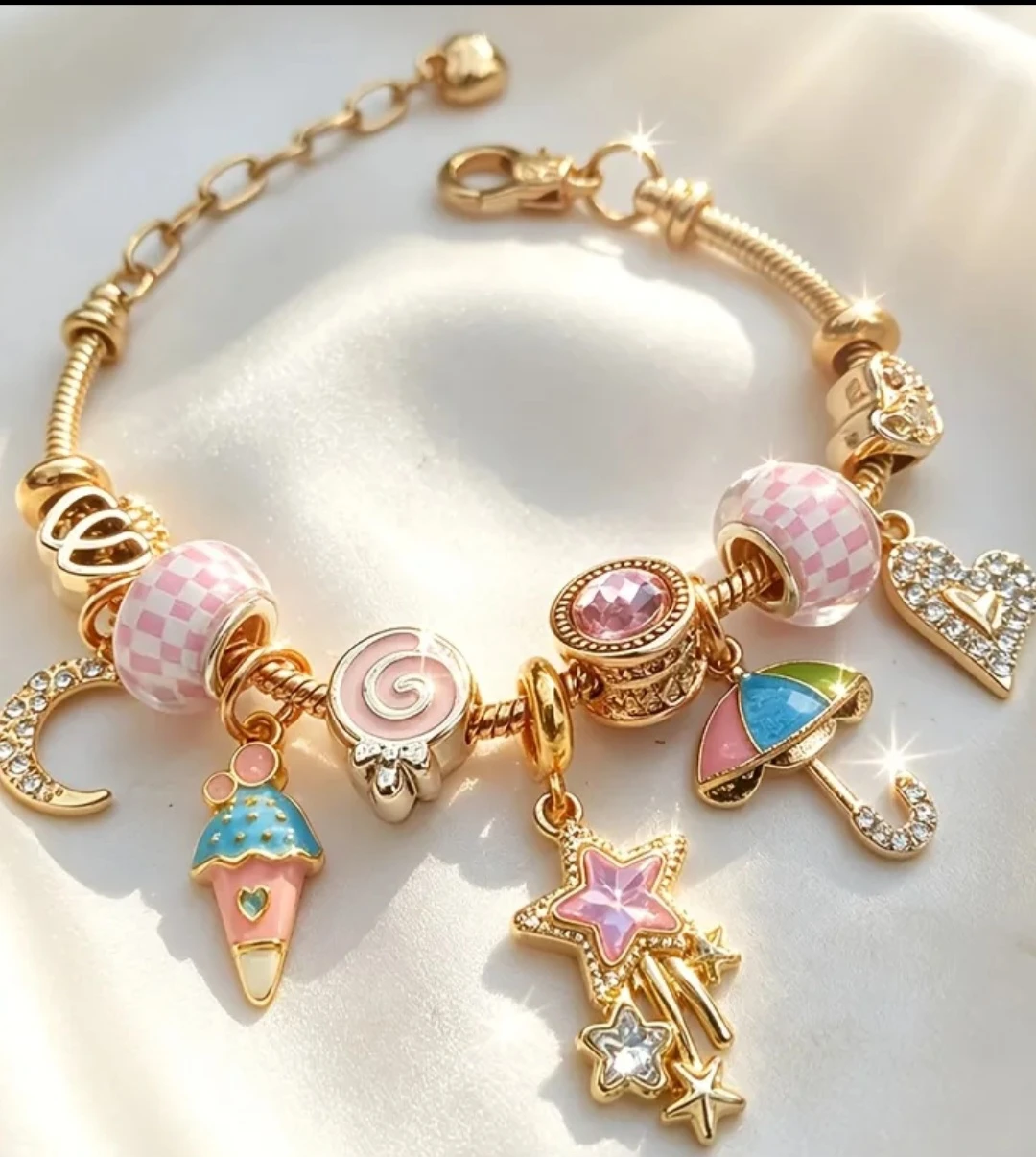 Gold Charm Bracelet with Ice Cream, Moon, and Star Charms