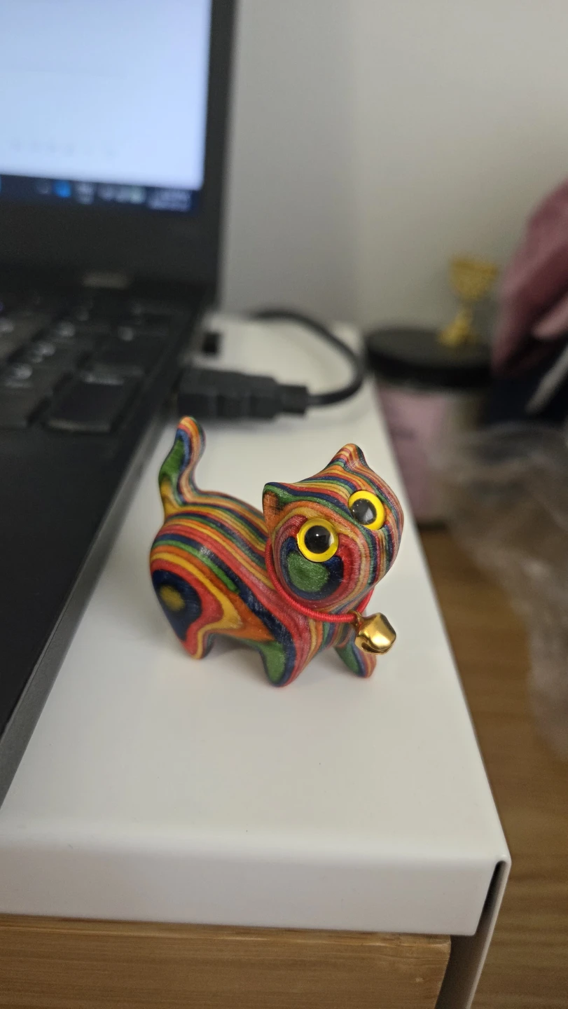 Rainbow Striped Wooden Cat Figurine – Colorful Décor *new