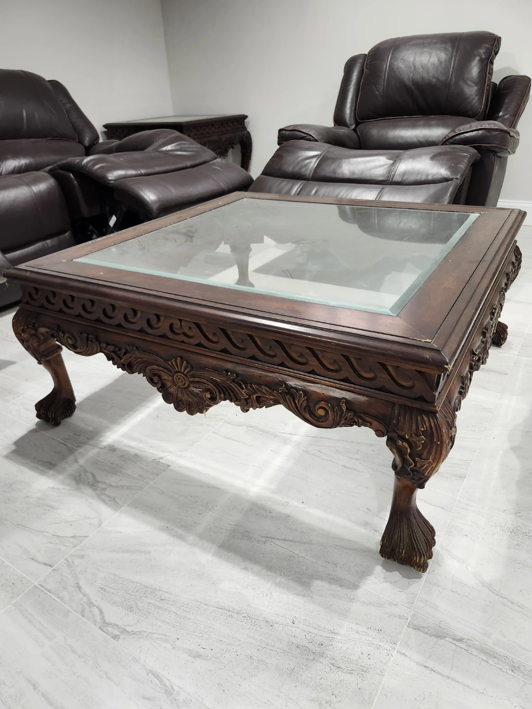 Vintage Ornate Wooden Coffee Table with Glass Top - photo 3