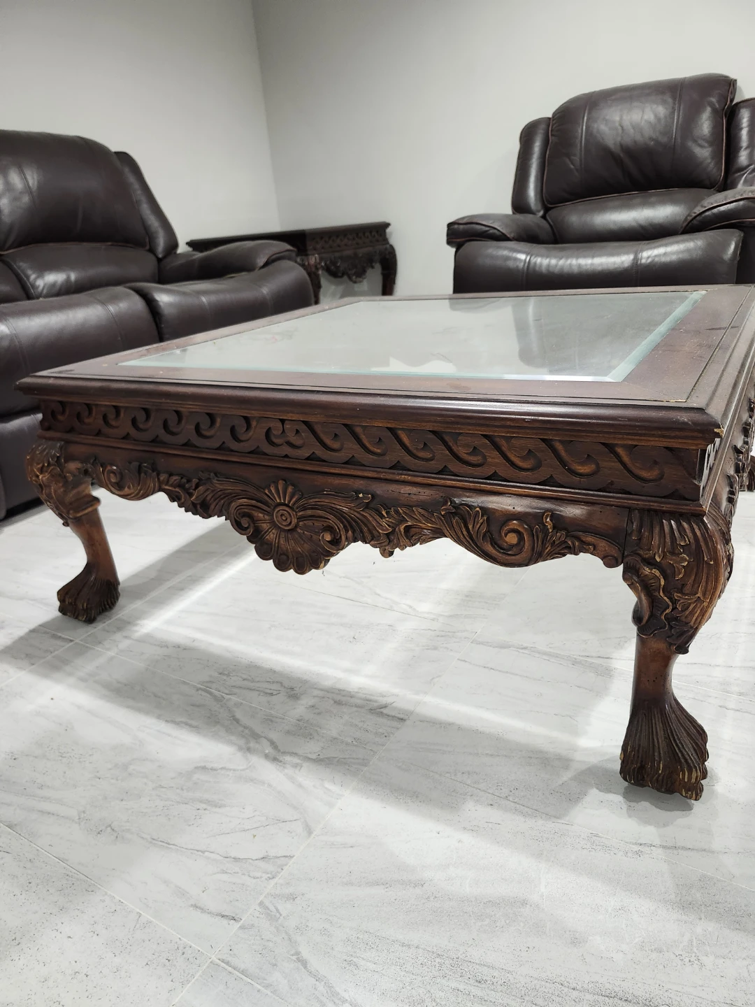 Vintage Ornate Wooden Coffee Table with Glass Top - photo 4