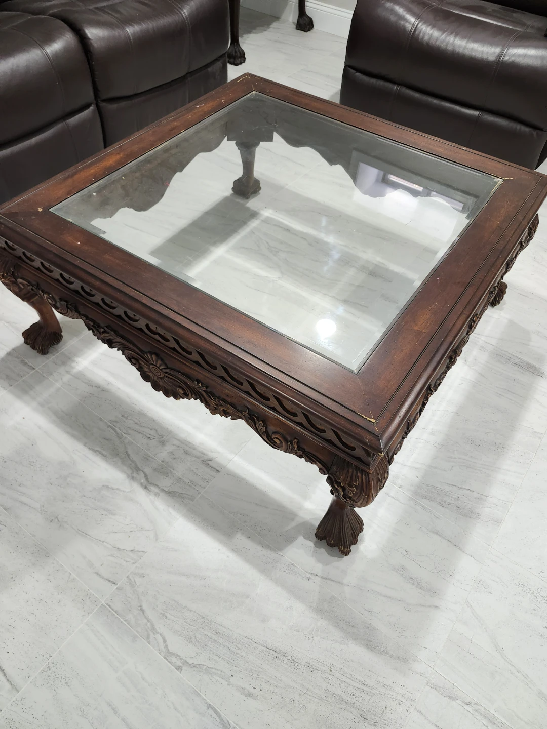 Vintage Ornate Wooden Coffee Table with Glass Top - photo 5