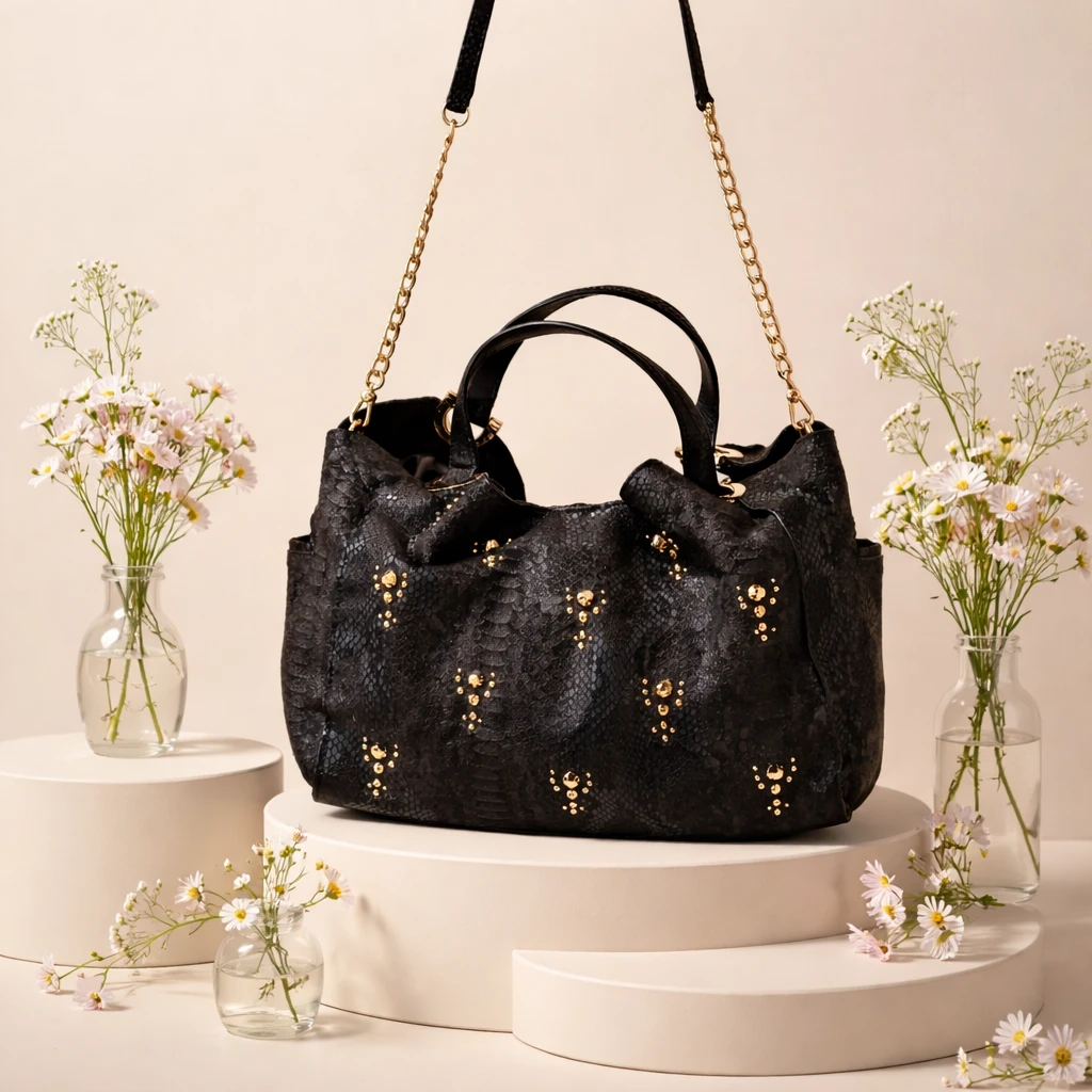 Juicy Couture Black Python Print Leather Studded Satchel Bag