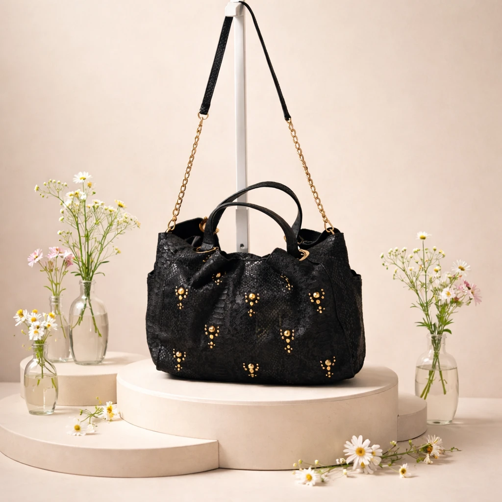 Juicy Couture Black Python Print Leather Studded Satchel Bag - photo 2