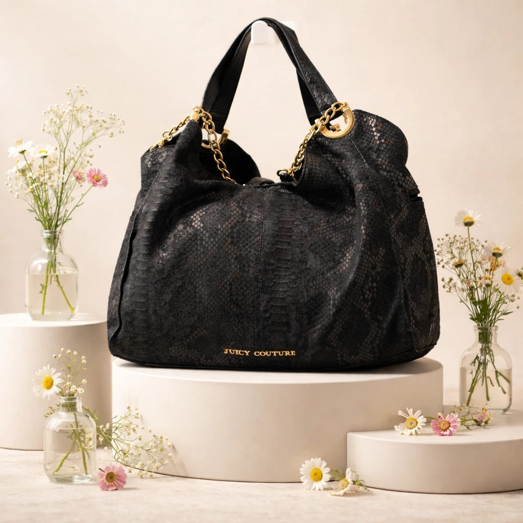 Juicy Couture Black Python Print Leather Studded Satchel Bag - photo 3