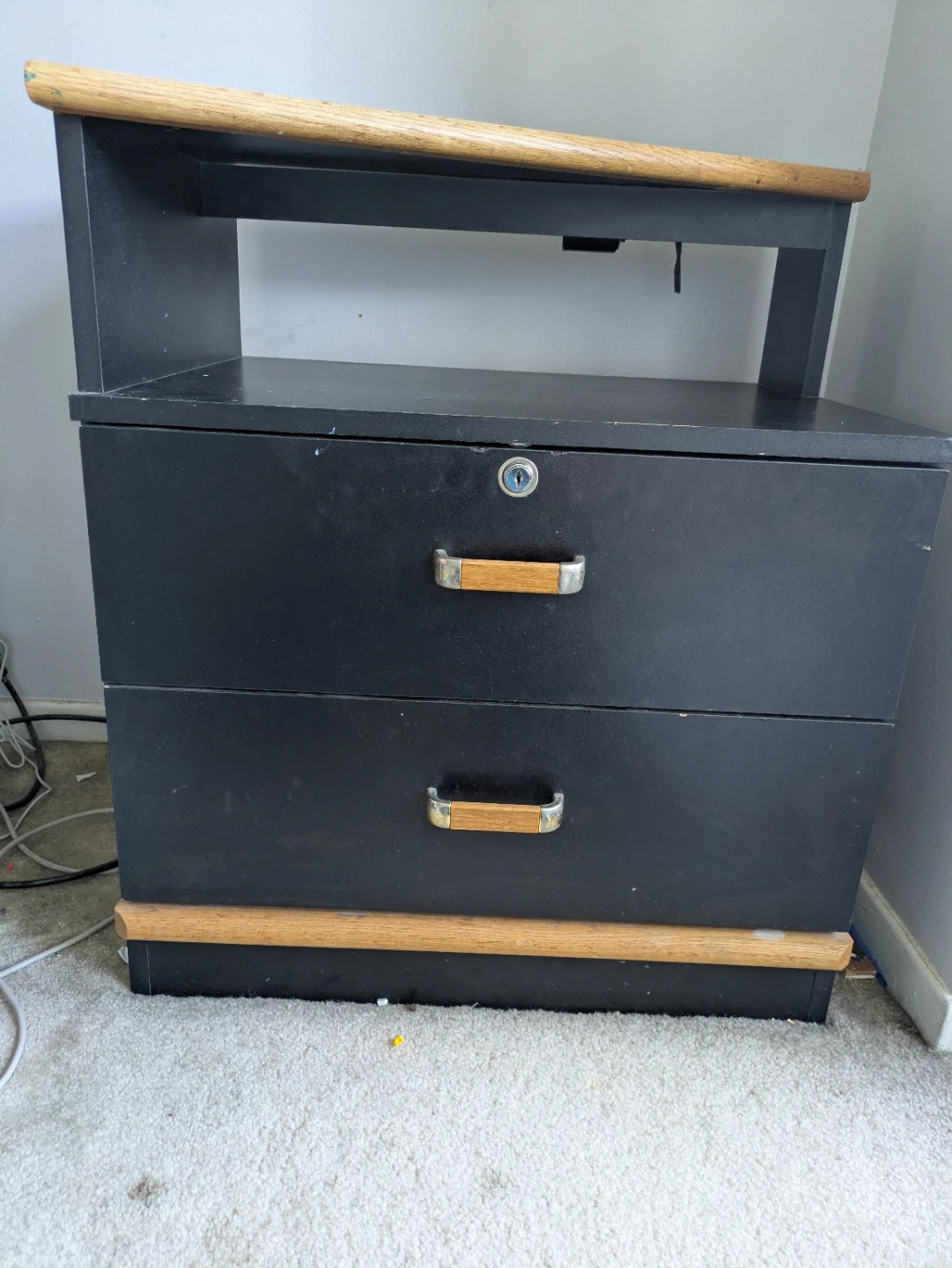 Black two-drawer filing cabinet with wood accents - photo 2
