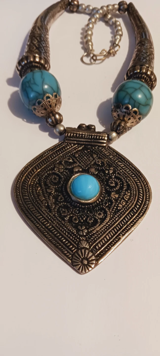 Silver Tone & Turquoise Ethnic Tribal Pendant Necklace - photo 5