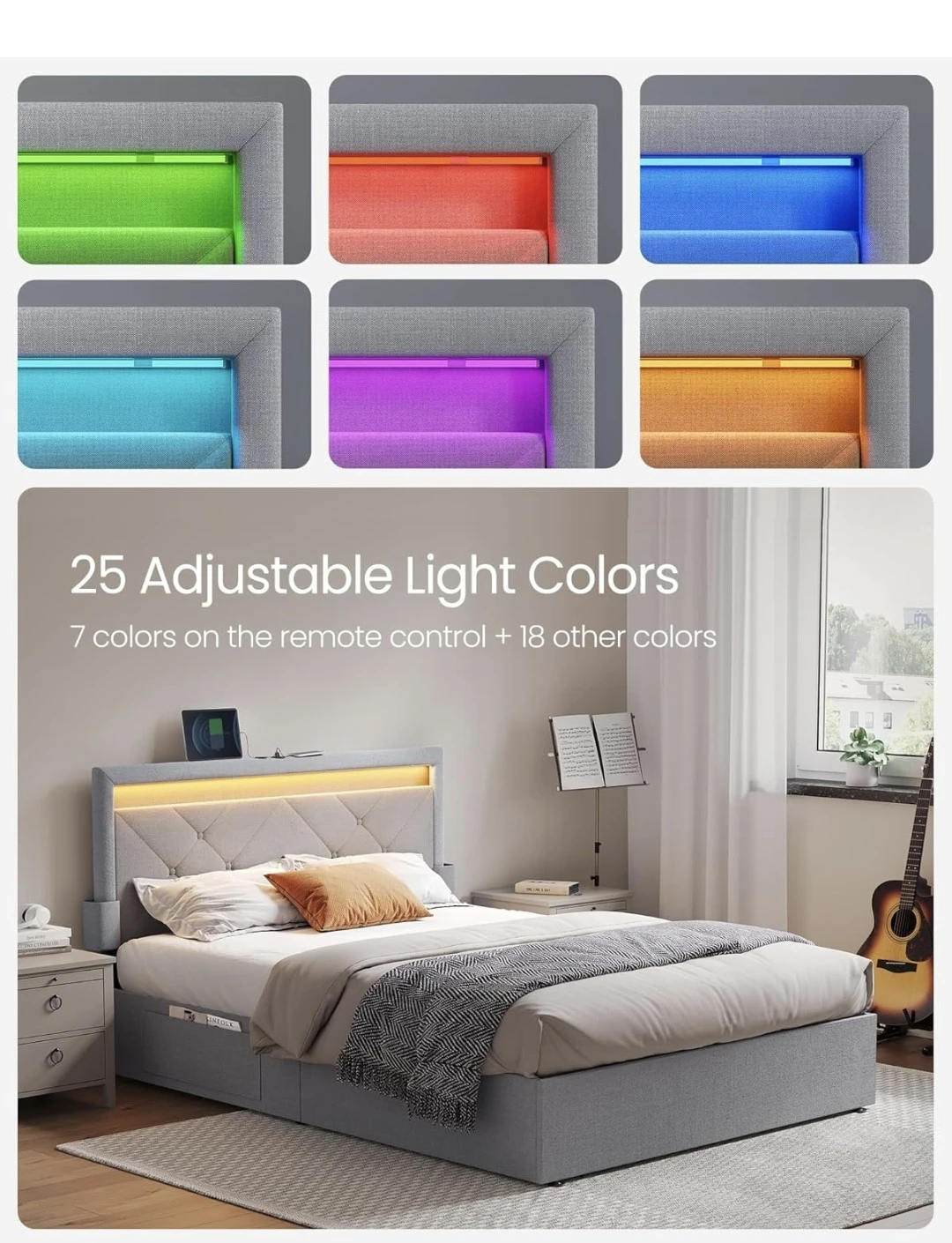 Full Size Bed Frame with 4 Storage Drawers and LED Lights - photo 3