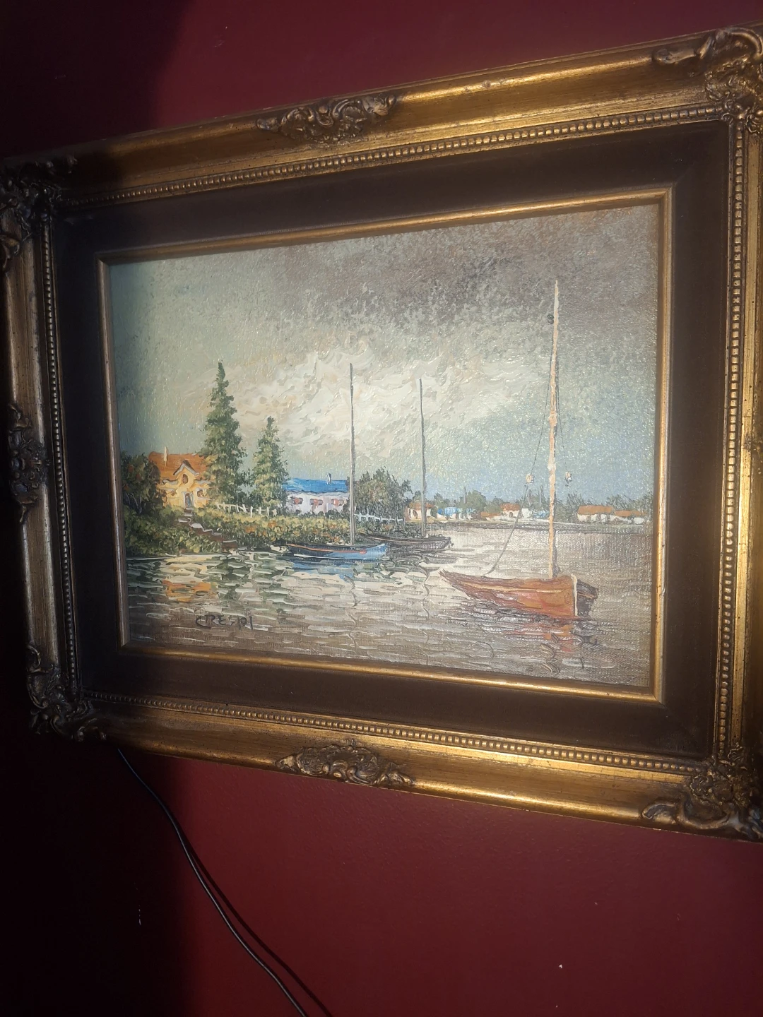 Crespi Oil Painting - Boats and Houses