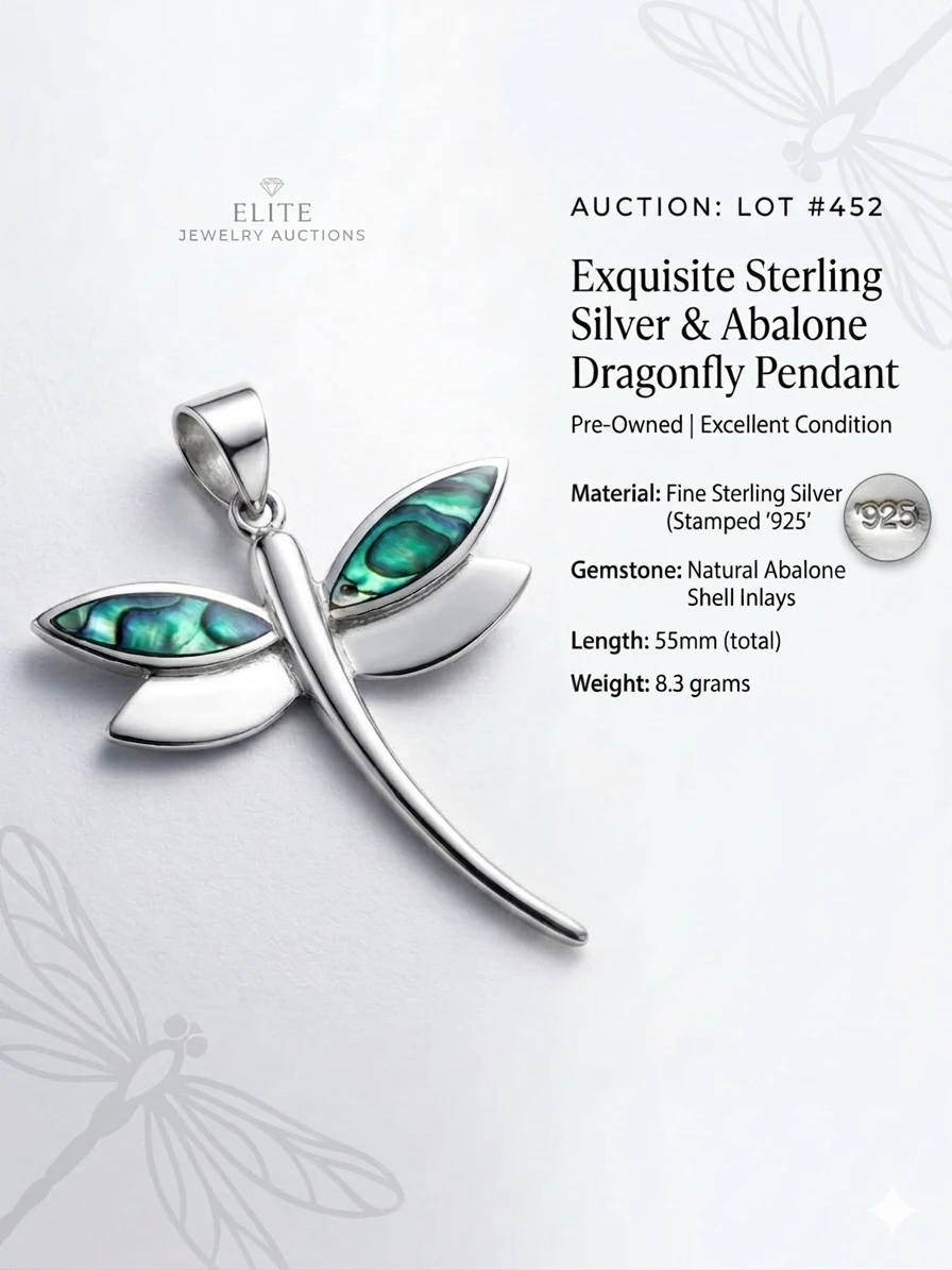 Exquisite Vintage Sterling Silver & Abalone Dragonfly Pendant