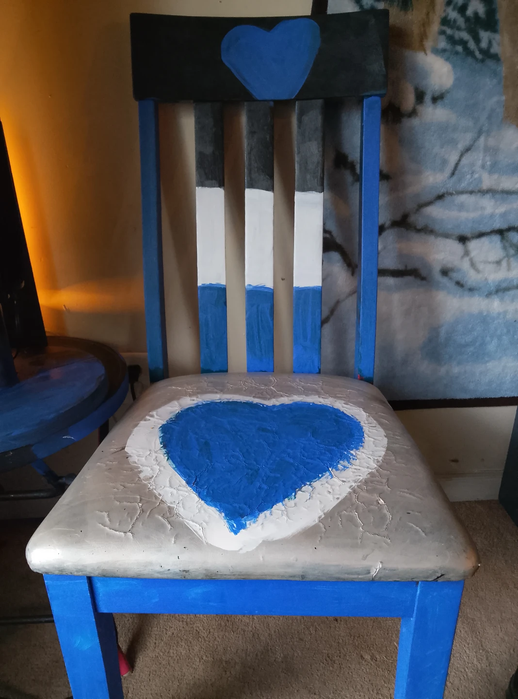 Blue and Silver Hand-Painted Chair with Heart Design