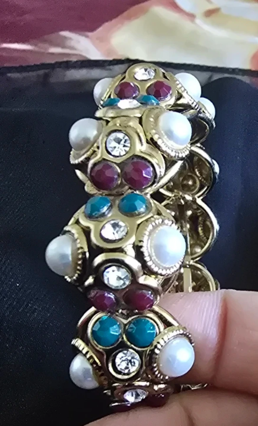 Gold tone statement bracelet with faux pearls and gems - photo 4