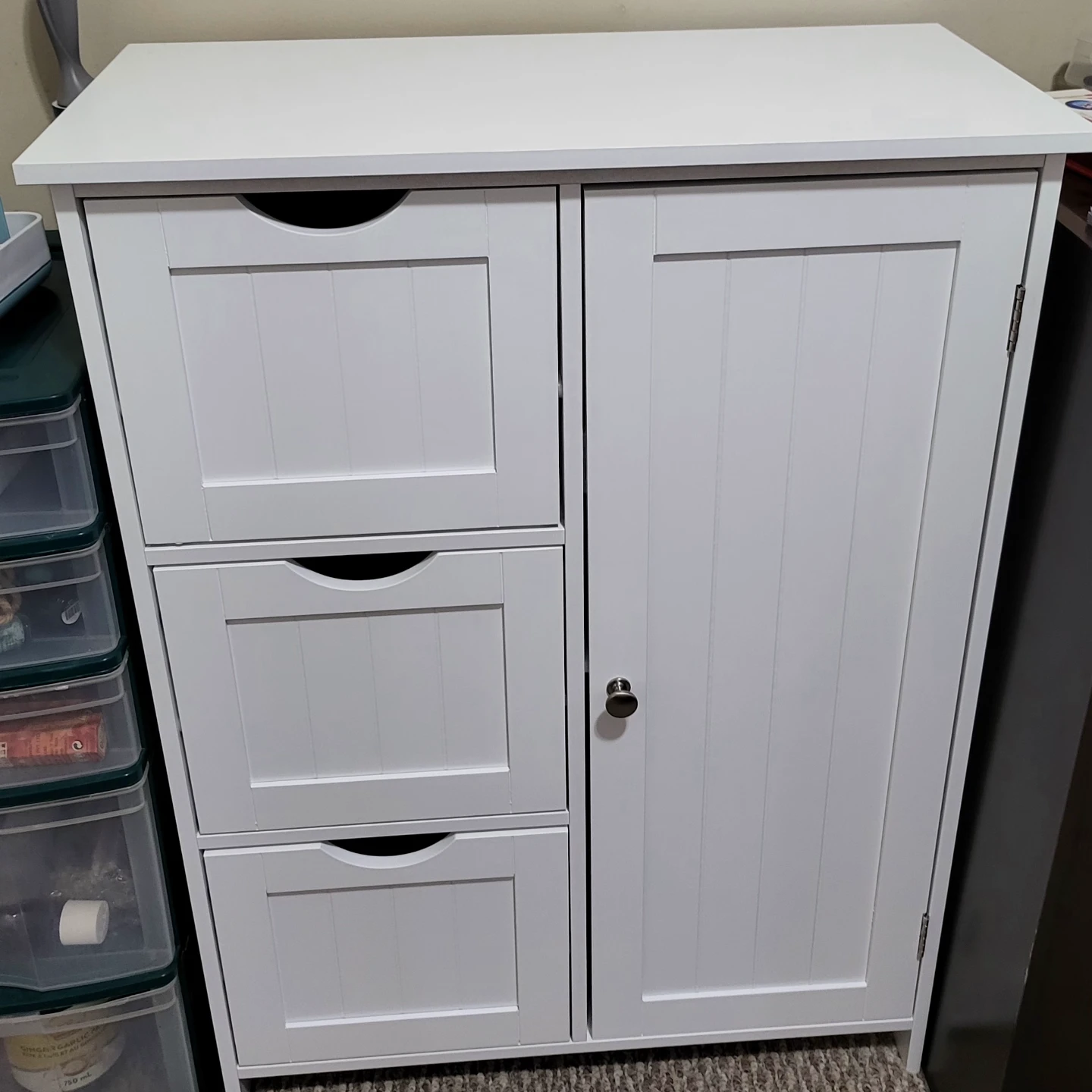 White Storage Cabinet with 3 Drawers and Door