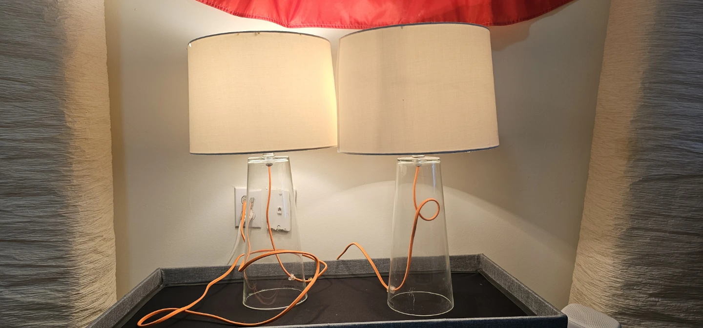 Pair of Clear Glass Table Lamps with Orange Cords