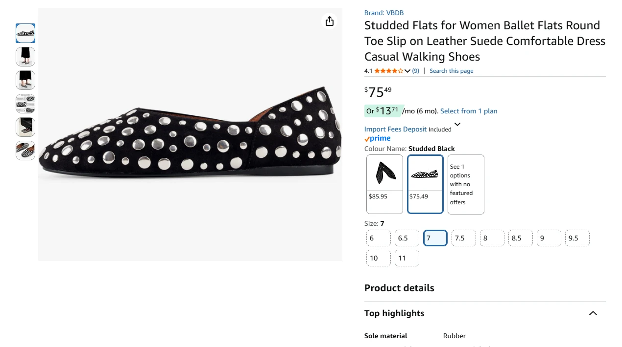 Studded Ballet Flats - Black, Size 7 - photo 2