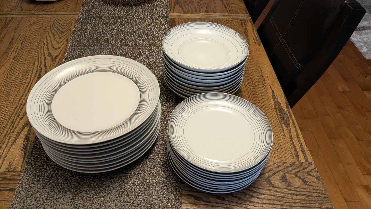 Set of 30 White Dinner Plates with Silver Rim
