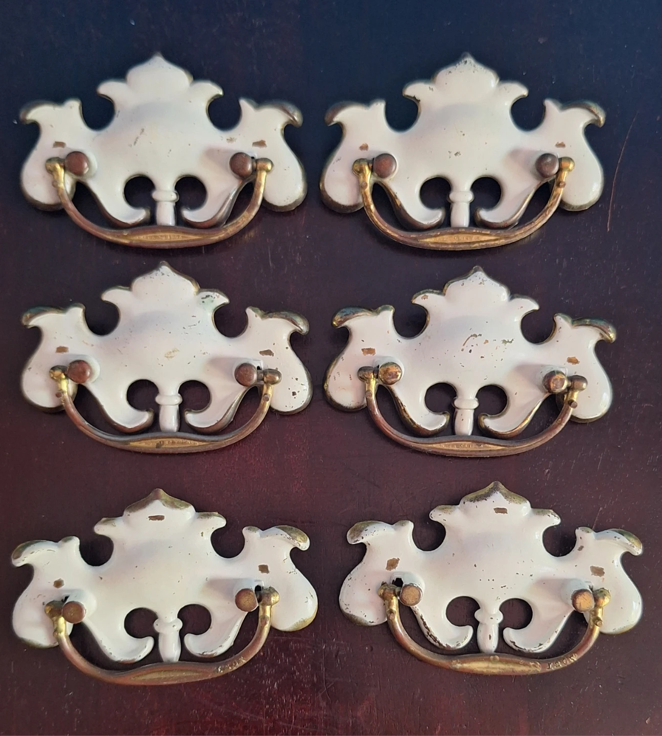 Vinrage brass and white enamel drawer pulls (6 total)
