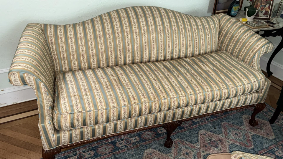 Vintage Striped Loveseat Sofa with Carved Wood Legs - photo 2