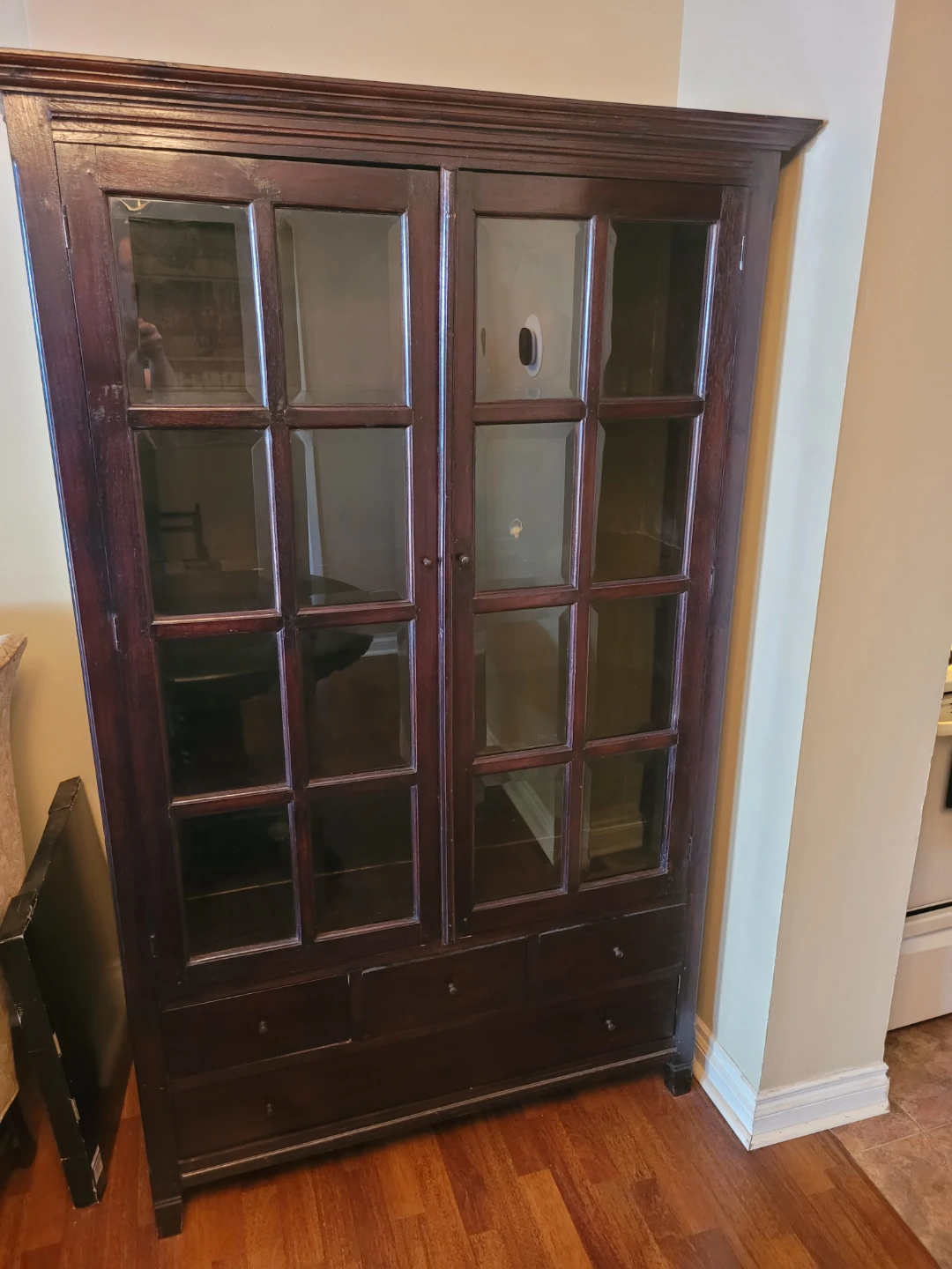 Dark Wood Glass Door Display Cabinet with Drawers