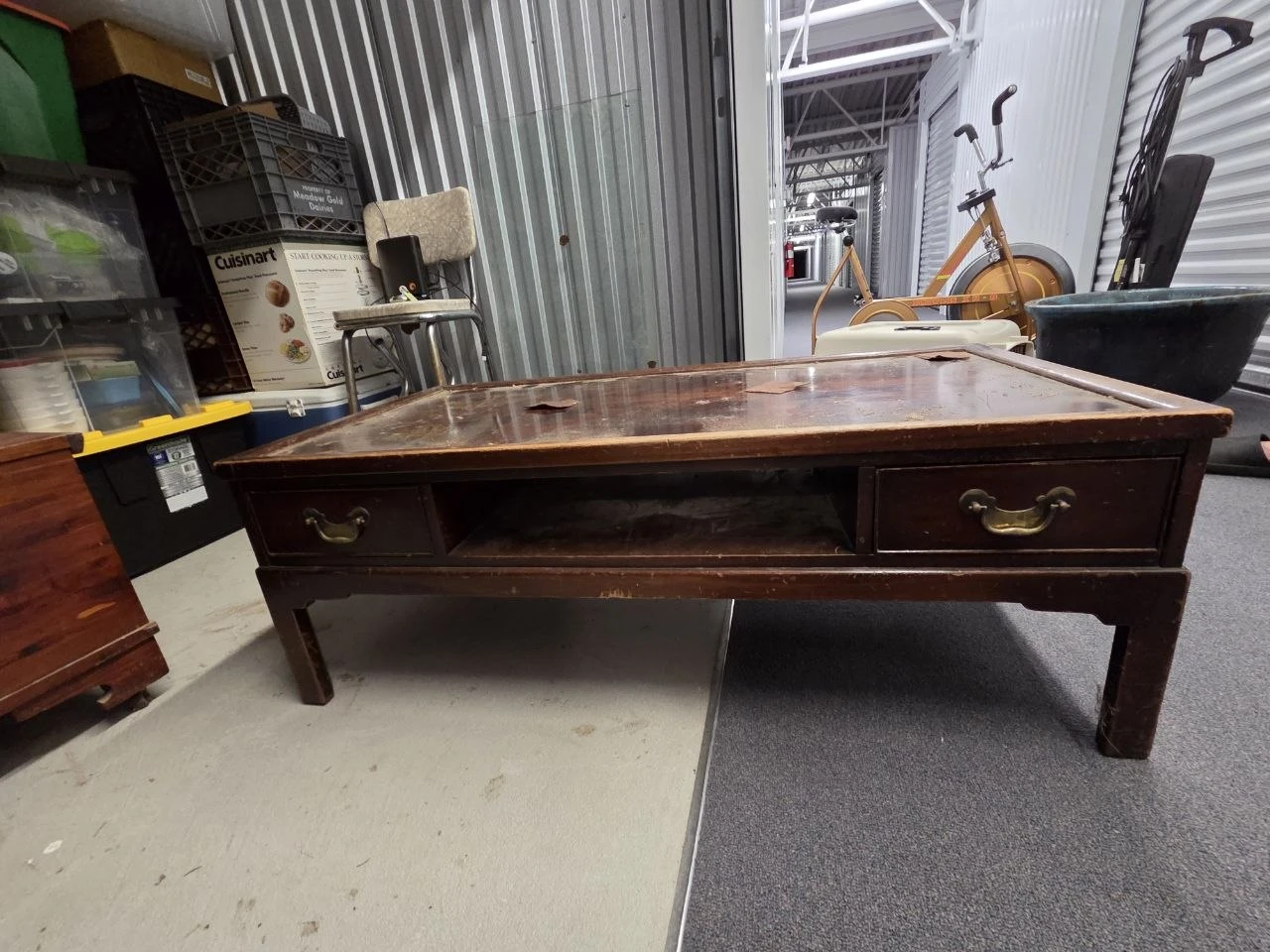 Dark Wood Coffee Table w/ Glass Top & Drawers – 44”