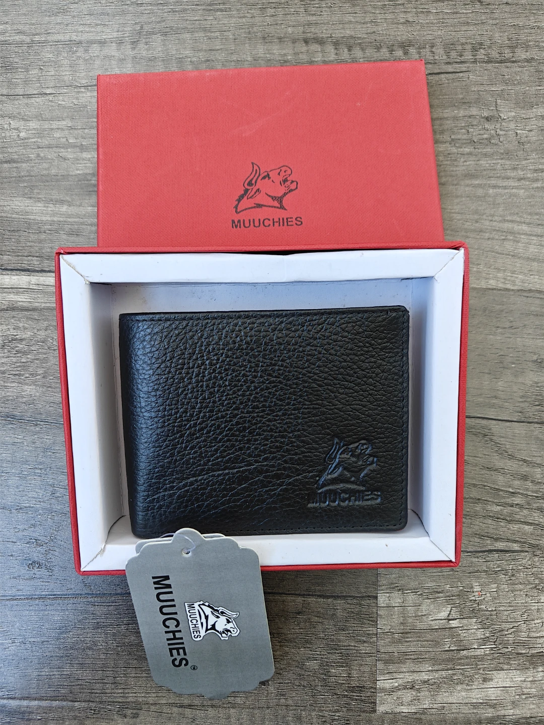 MUUCHIES Black Leather Bifold Wallet with Box