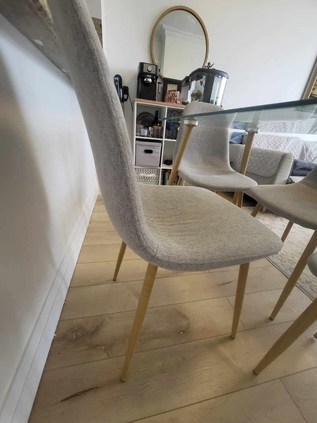 Glass Dining Table with 4 Grey Chairs