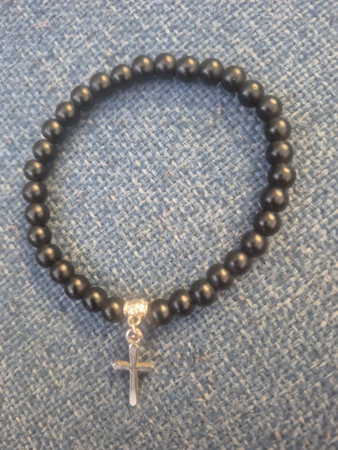 Black Beaded Bracelet with Cross Charm