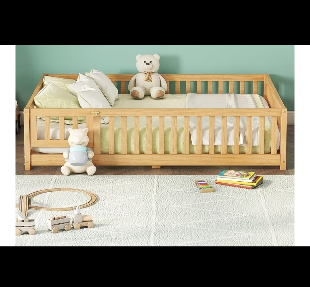 Full Size Floor Bed with Rails - Natural Wood
