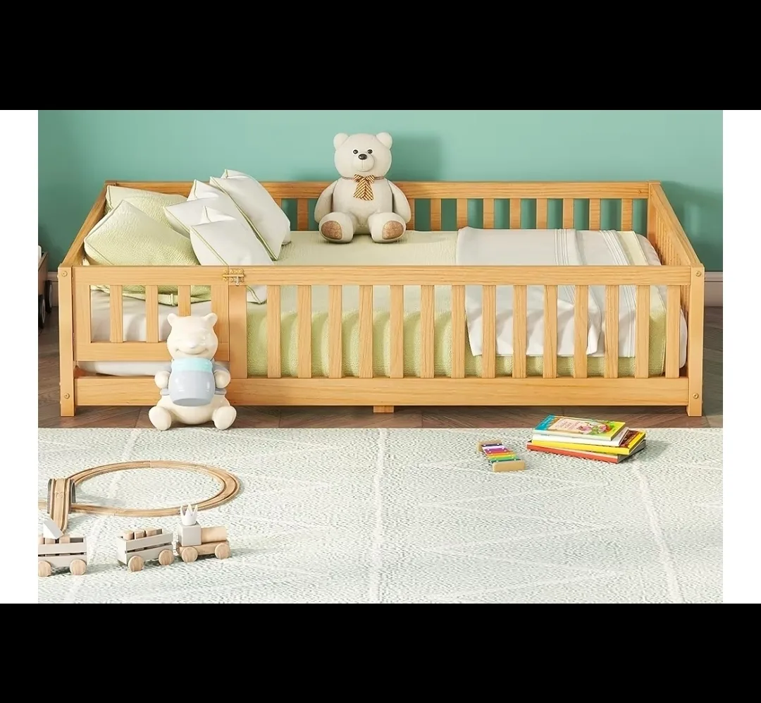 Full Size Floor Bed with Rails - Natural Wood