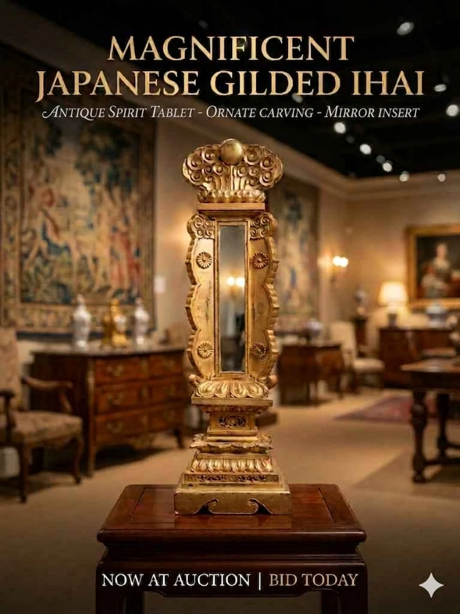 Antique 1915 Japanese Temple-Sized Gilt Wood Kuridashi Ihai