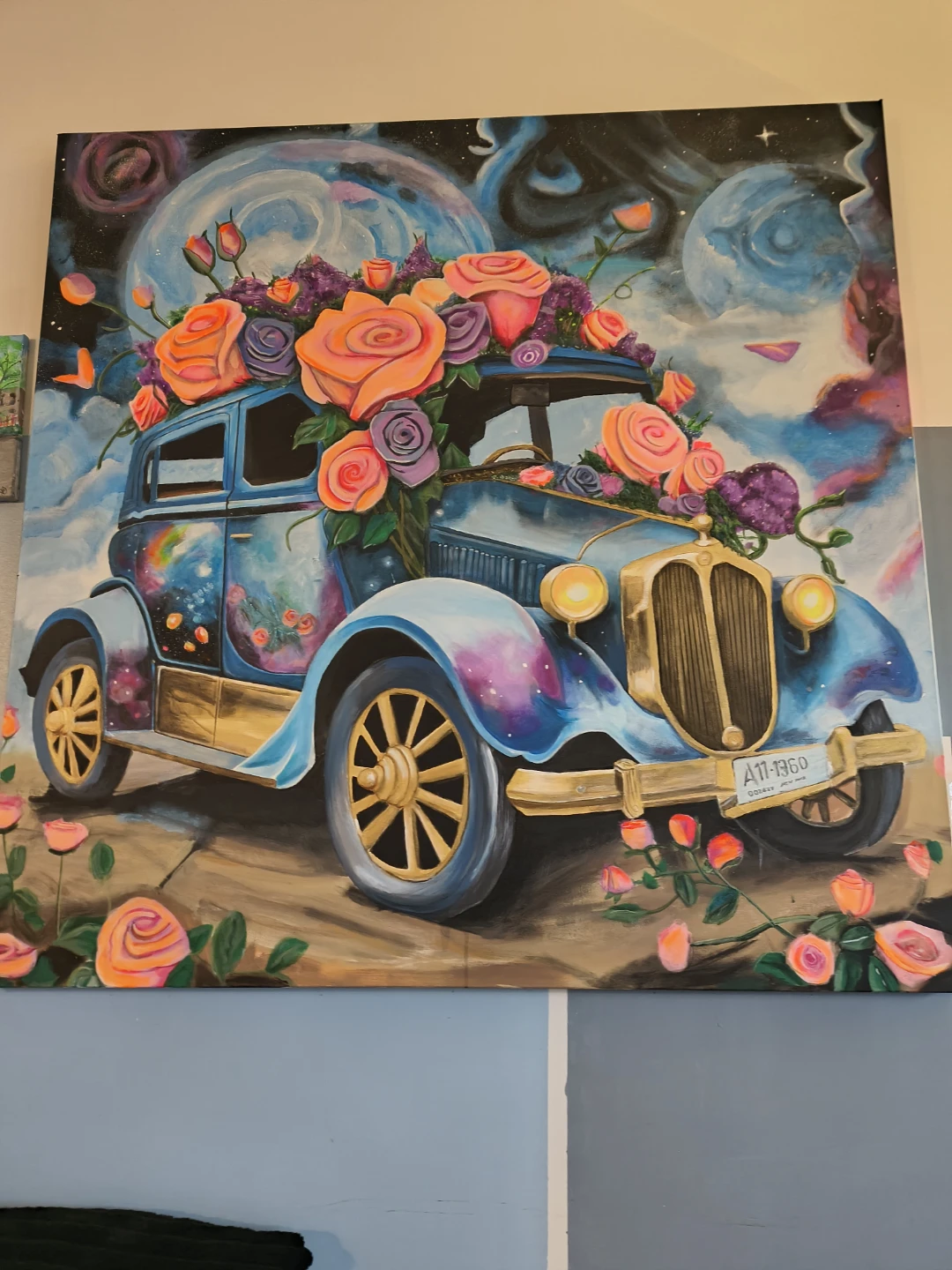 Vintage Car with Flowers Canvas Wall Art