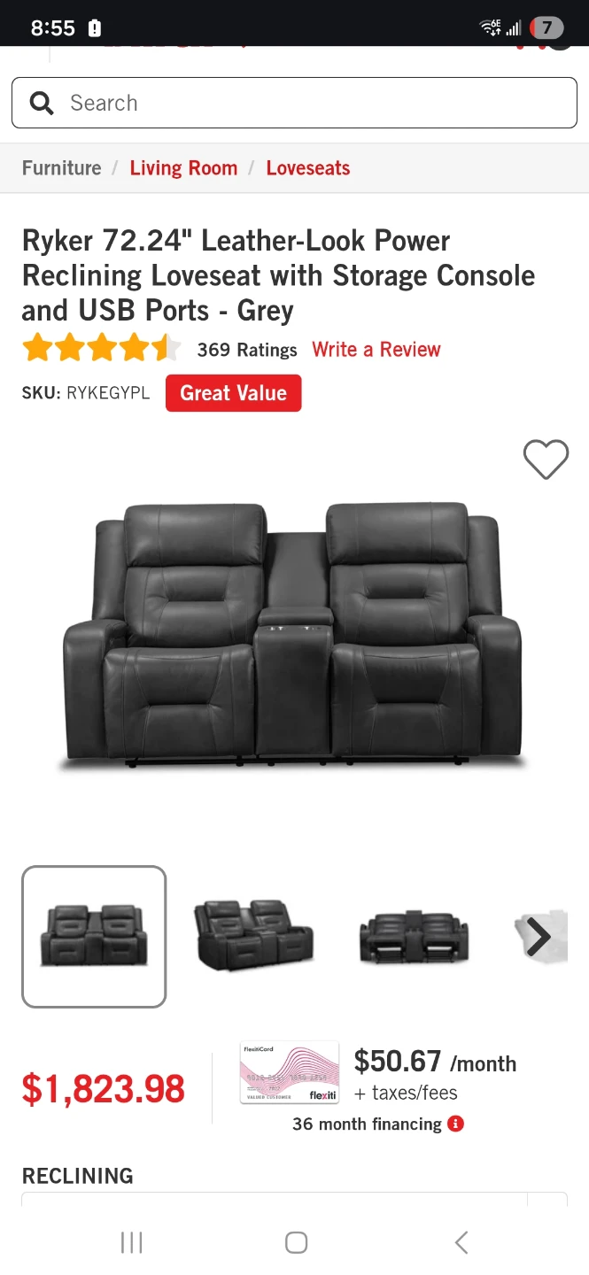 Ryker 82.5" Leather-Look Power Reclining Sofa - Grey