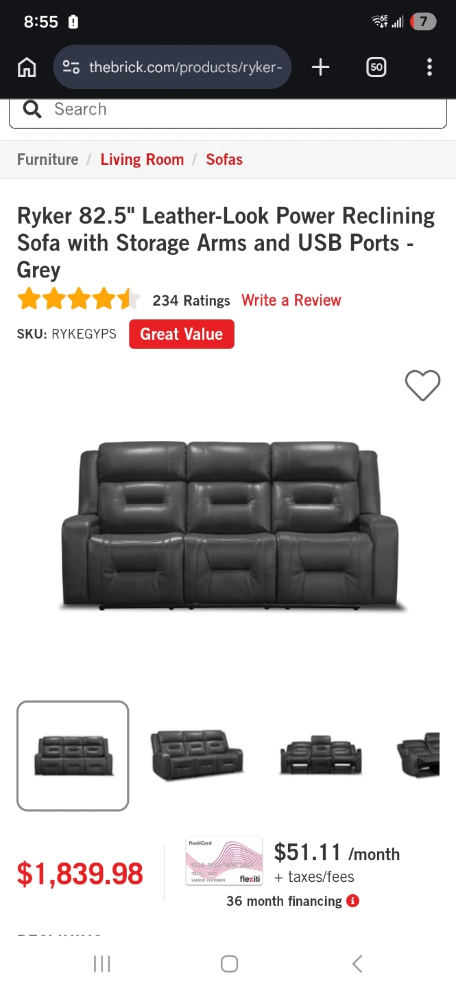 Ryker 82.5" Leather-Look Power Reclining Sofa - Grey - photo 2