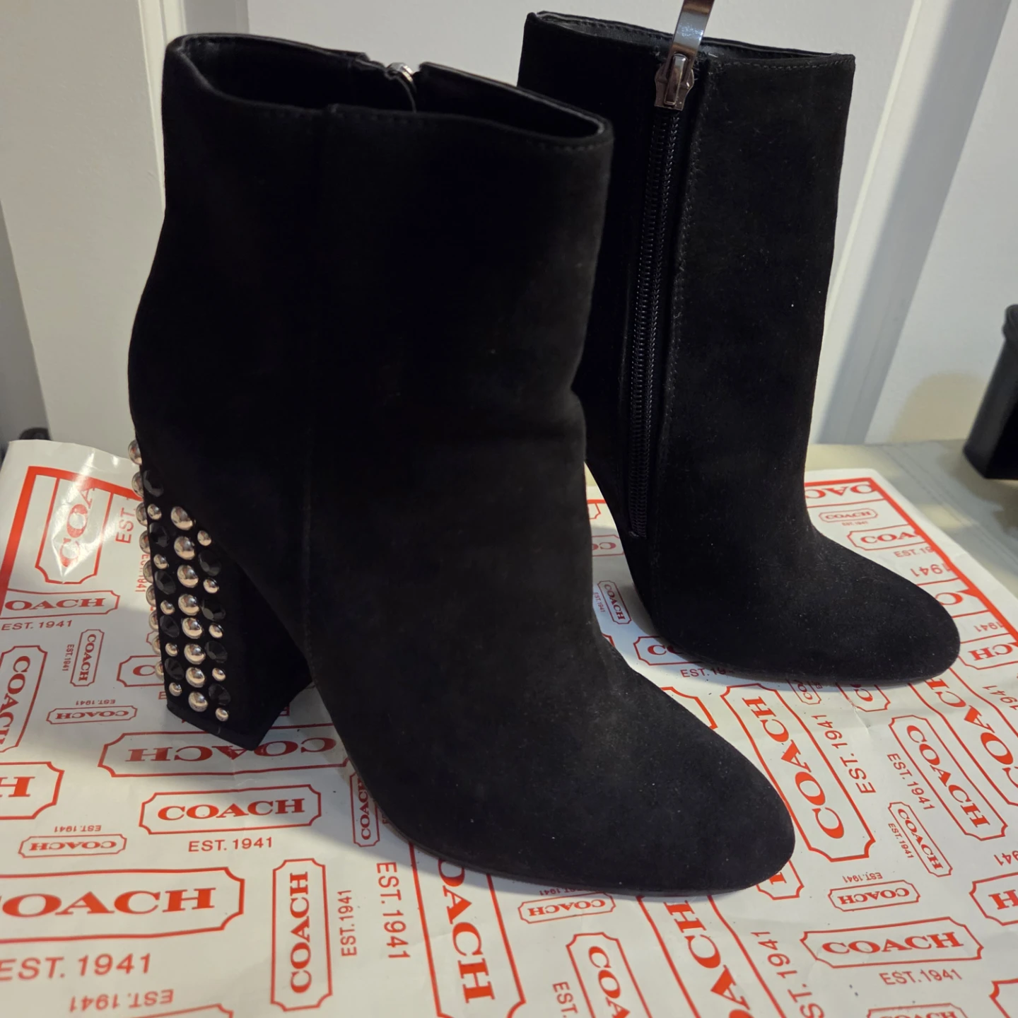 Black Suede Studded Heel Ankle Boots