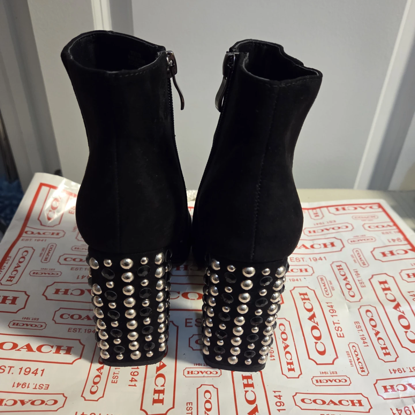 Black Suede Studded Heel Ankle Boots - photo 2