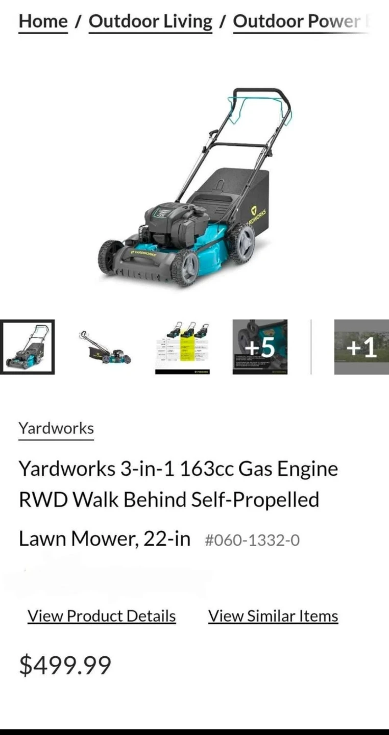 Yardworks 3-in-1 163cc Gas Engine RWD Lawn Mower, 22-in