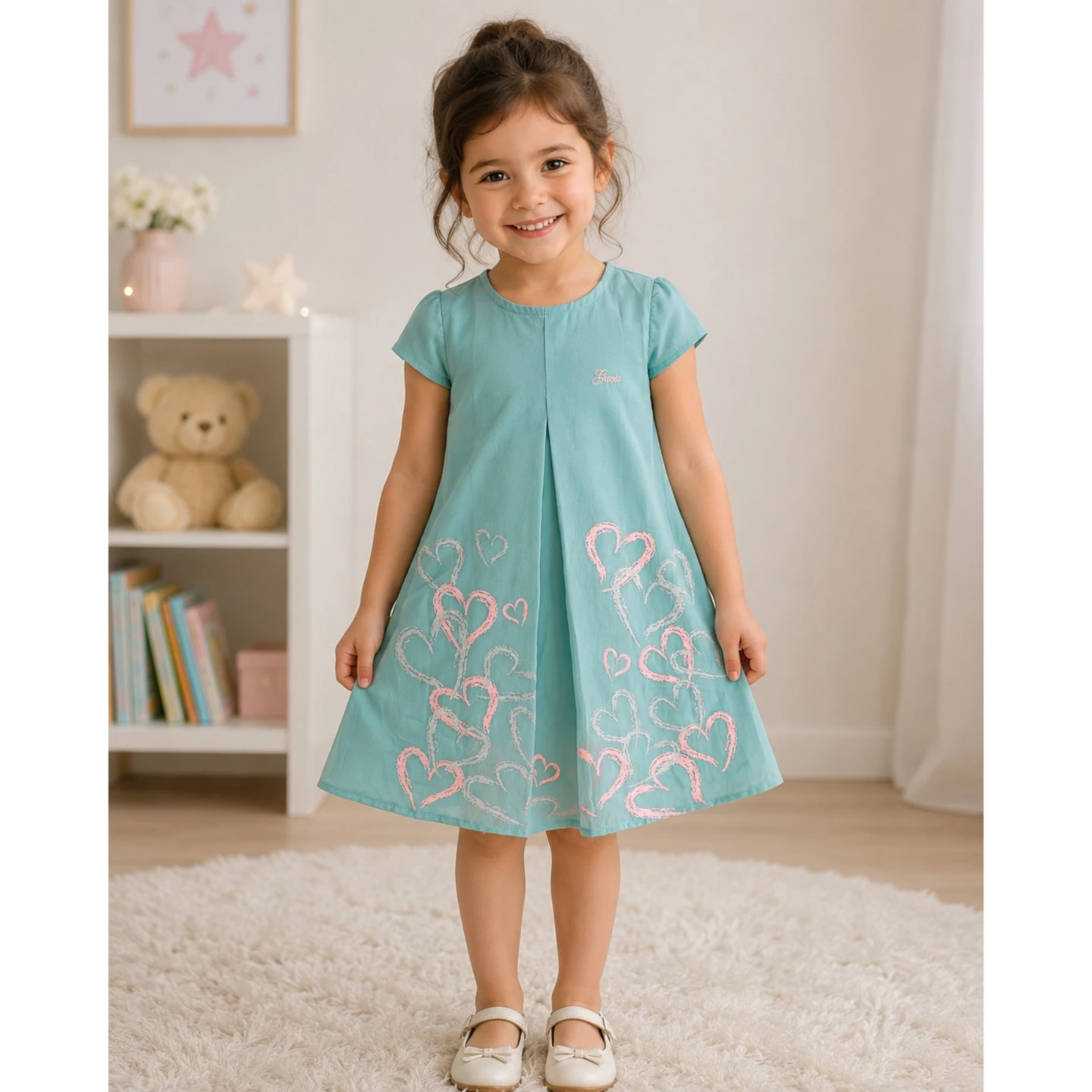 Guess Girls Teal Heart Print Dress 4t