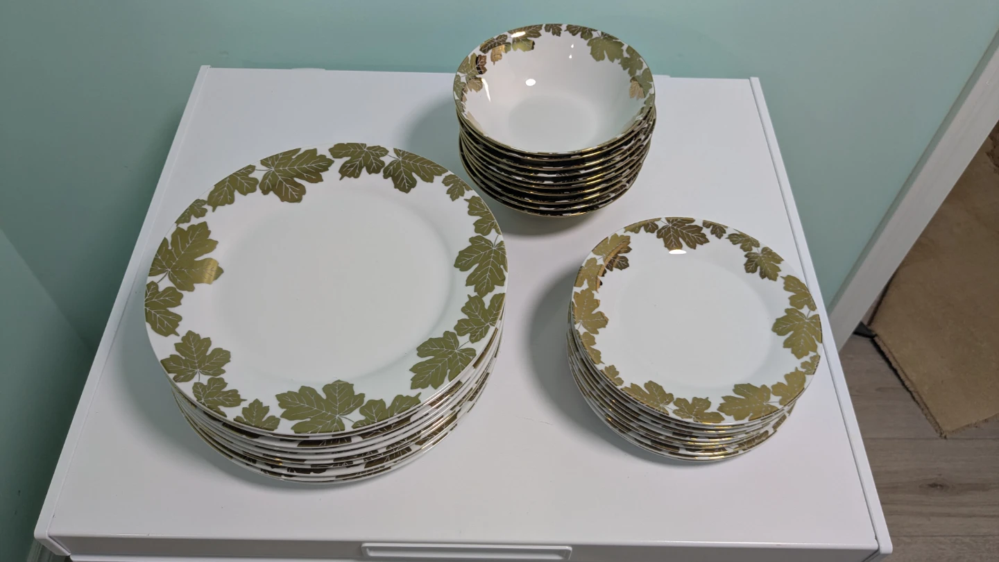 White Dinner Plates with Gold Leaf Design (Set of 30)