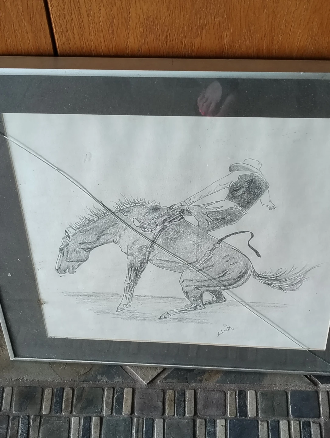 Framed Pencil Drawing of a Cowboy on a Bucking Horse
