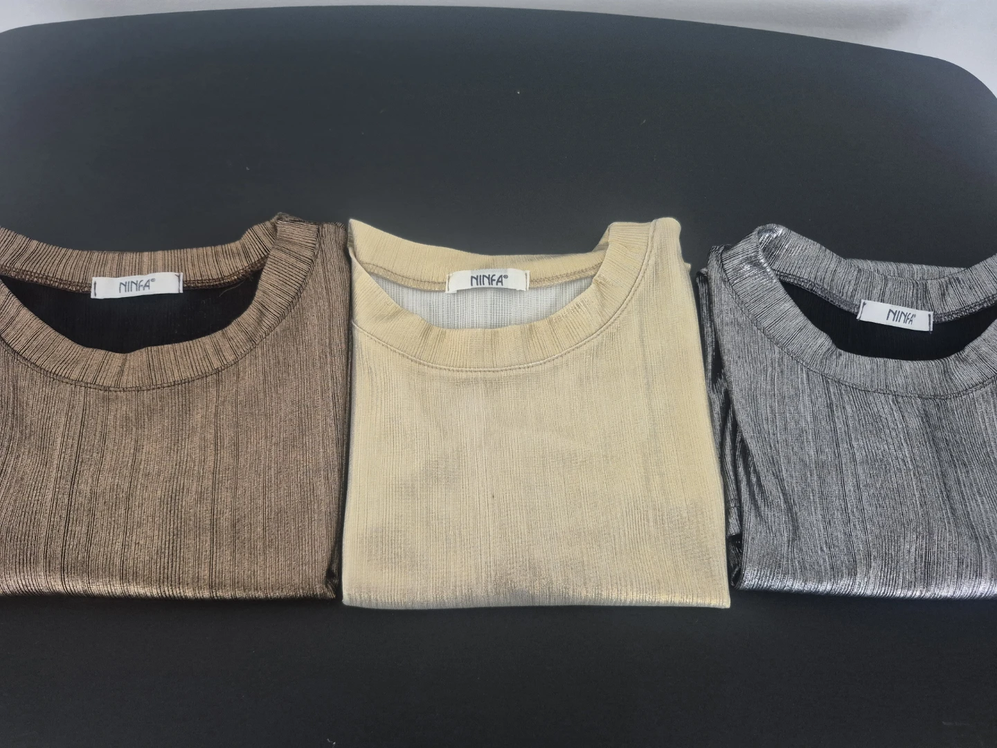 3 Ninfa Ribbed Metallic Tops - Brown, Beige, Silver