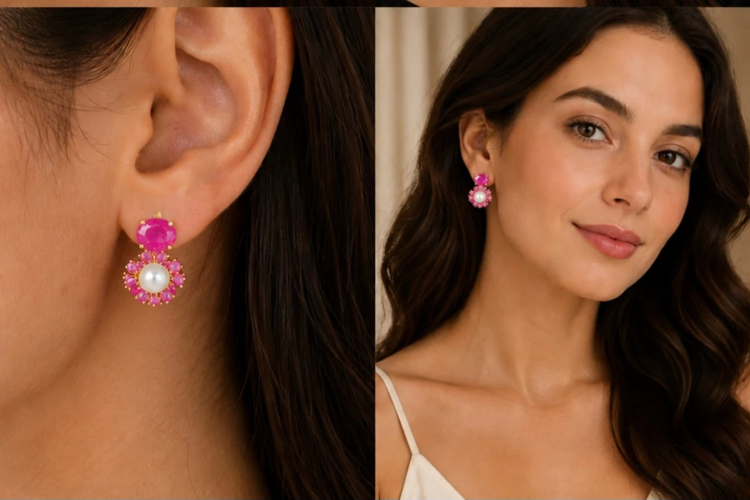 Natural Ruby and Fresh Water Pearl Earrings