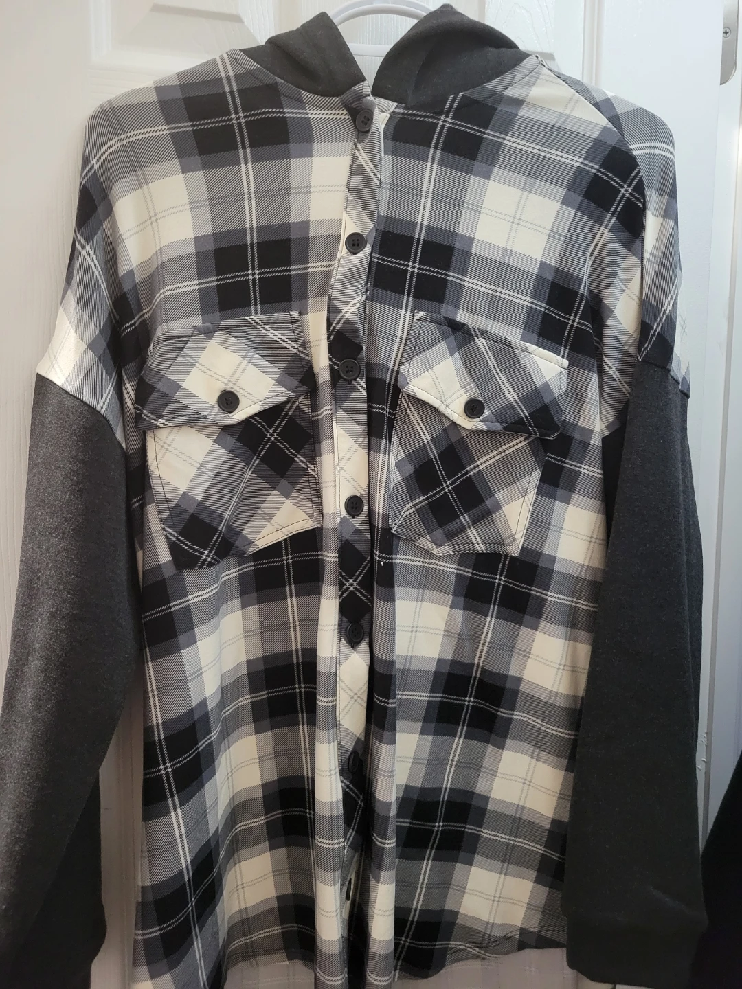Hooded Button-Up Plaid black shirt