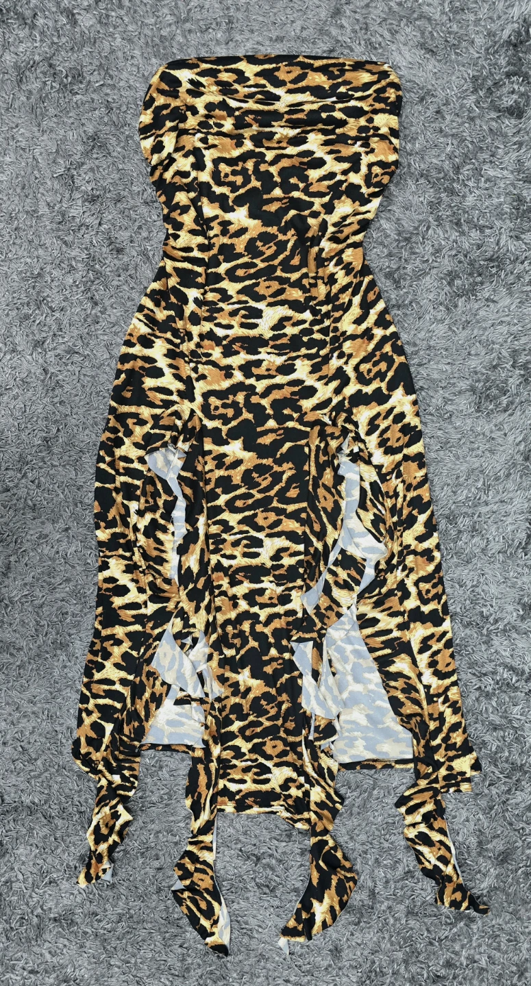Strapless Leopard Print Ruffle Maxi Dress (XXXL)