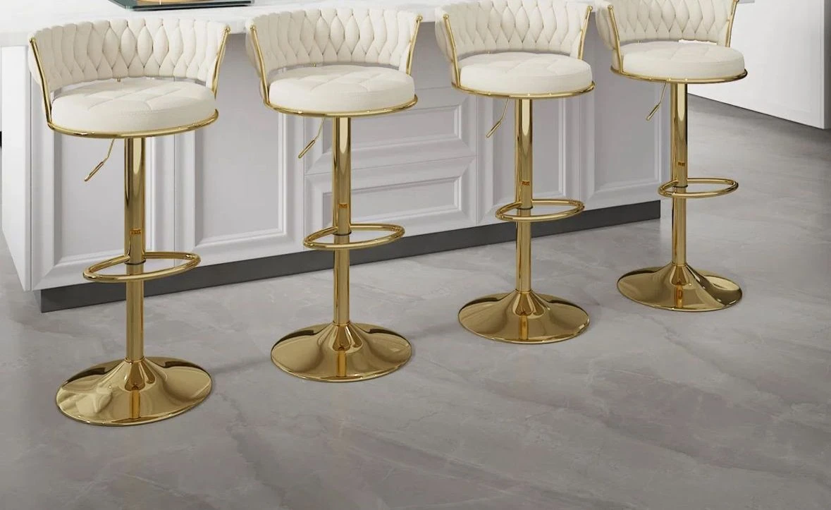 Set of 4 Cream Velvet Bar Stools with Gold Base