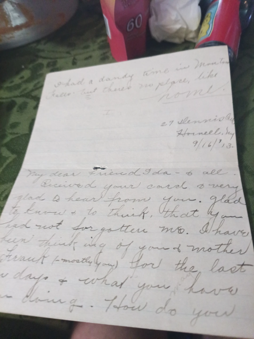 Handwritten Letter from Ida to friend, dated 9/16/13